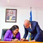 CS Sports Salim Mvurya (C) with PS Elijah Mwangi (2nd left) during their inspection of the 700M Ithookwe Stadium in Kitui.