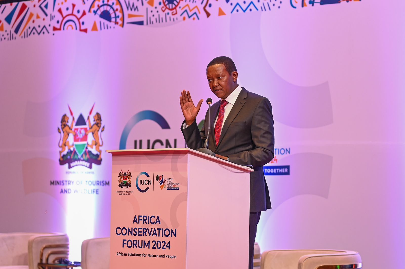 Dr Alfred Mutua, Cabinet Secretary for Tourism and Wildlife addresses delegates during the International Union for Conservation of Nature (IUCN) , Africa Forum held at the Ole Sereni Hotel in Nairobi after official opening.